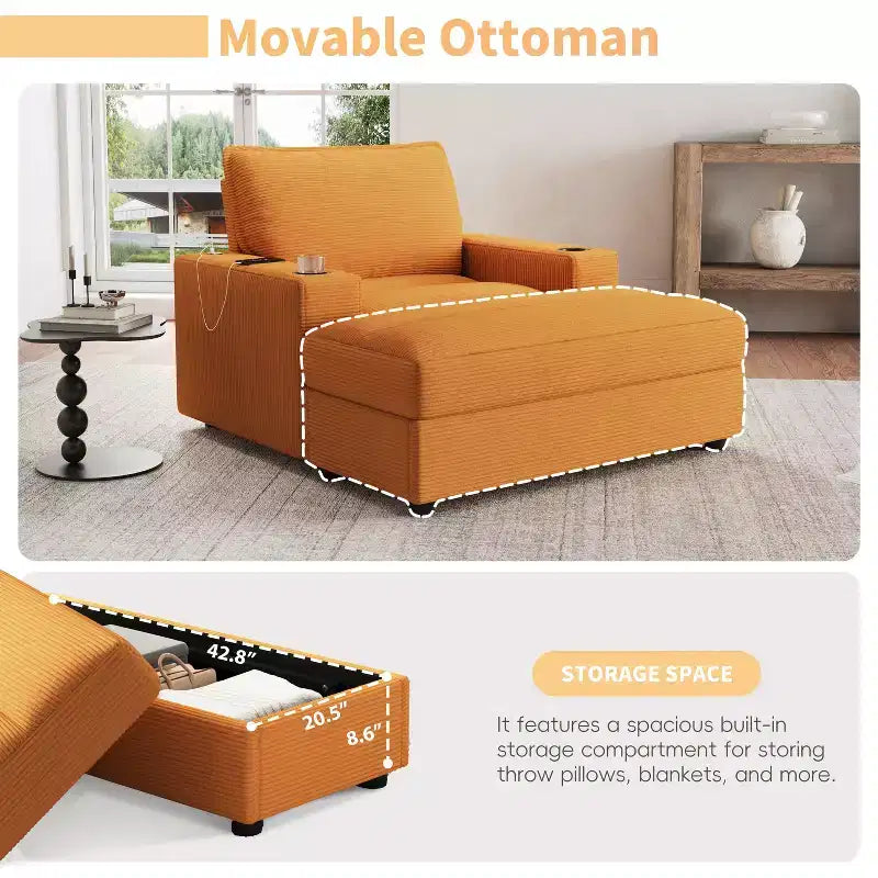 Oversized Accent Chair Upholstered Chaise Lounge with Storage Ottoman, Cup Holders & USB Port, Single Sleeper Sofa Bed Reading Couch - ModernLuxe