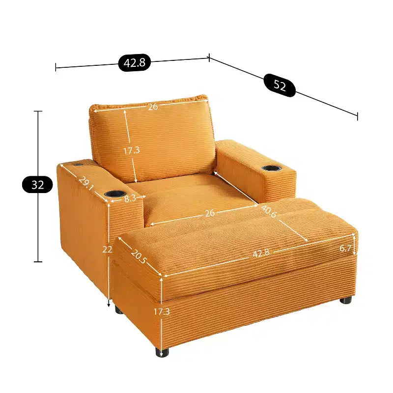 Oversized Accent Chair Upholstered Chaise Lounge with Storage Ottoman, Cup Holders & USB Port, Single Sleeper Sofa Bed Reading Couch - ModernLuxe