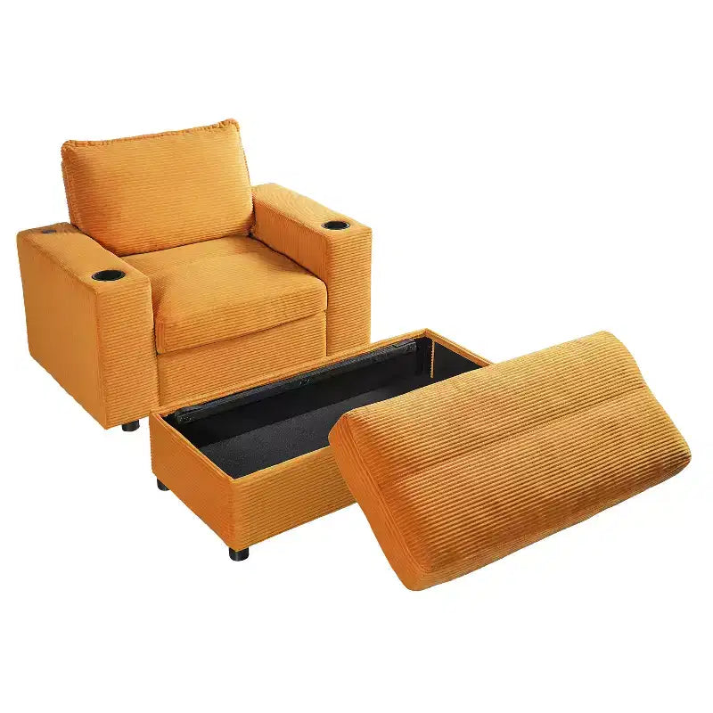 Oversized Accent Chair Upholstered Chaise Lounge with Storage Ottoman, Cup Holders & USB Port, Single Sleeper Sofa Bed Reading Couch - ModernLuxe