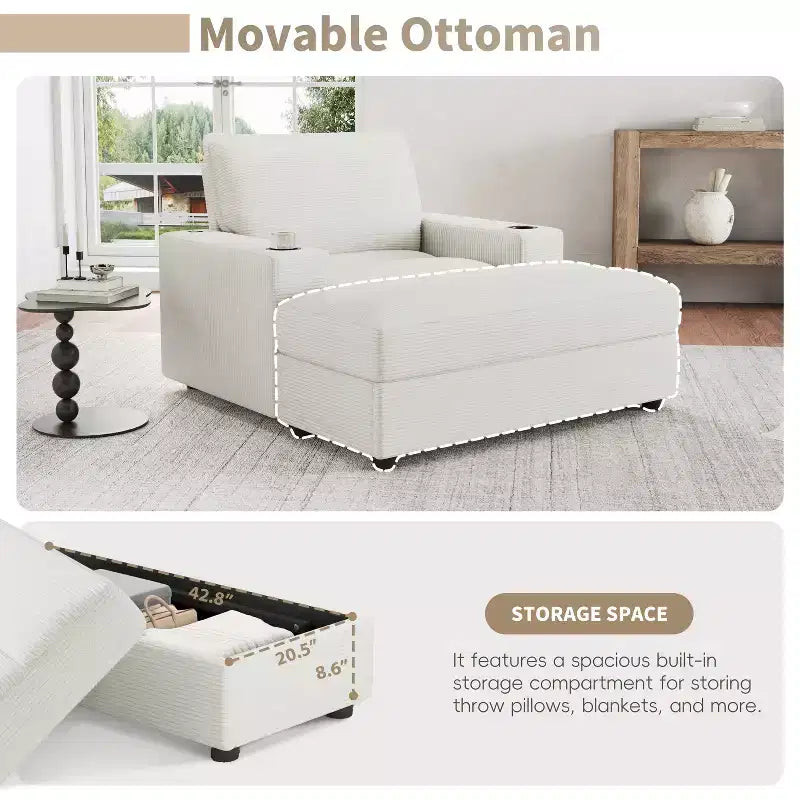 Oversized Accent Chair Upholstered Chaise Lounge with Storage Ottoman, Cup Holders & USB Port, Single Sleeper Sofa Bed Reading Couch - ModernLuxe