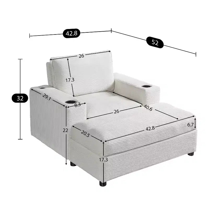 Oversized Accent Chair Upholstered Chaise Lounge with Storage Ottoman, Cup Holders & USB Port, Single Sleeper Sofa Bed Reading Couch - ModernLuxe