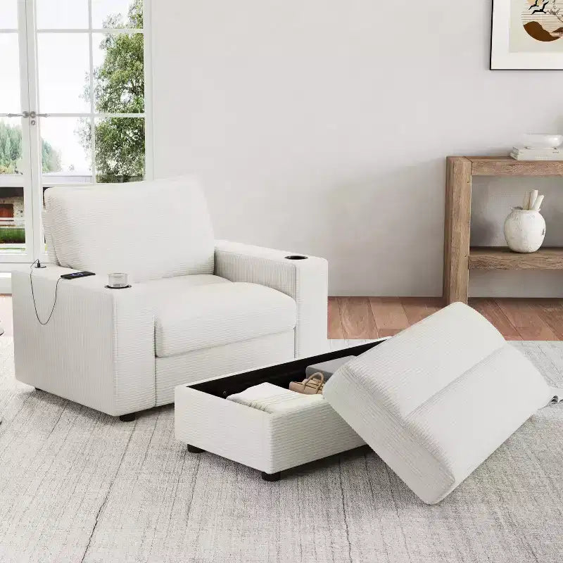 Oversized Accent Chair Upholstered Chaise Lounge with Storage Ottoman, Cup Holders & USB Port, Single Sleeper Sofa Bed Reading Couch - ModernLuxe