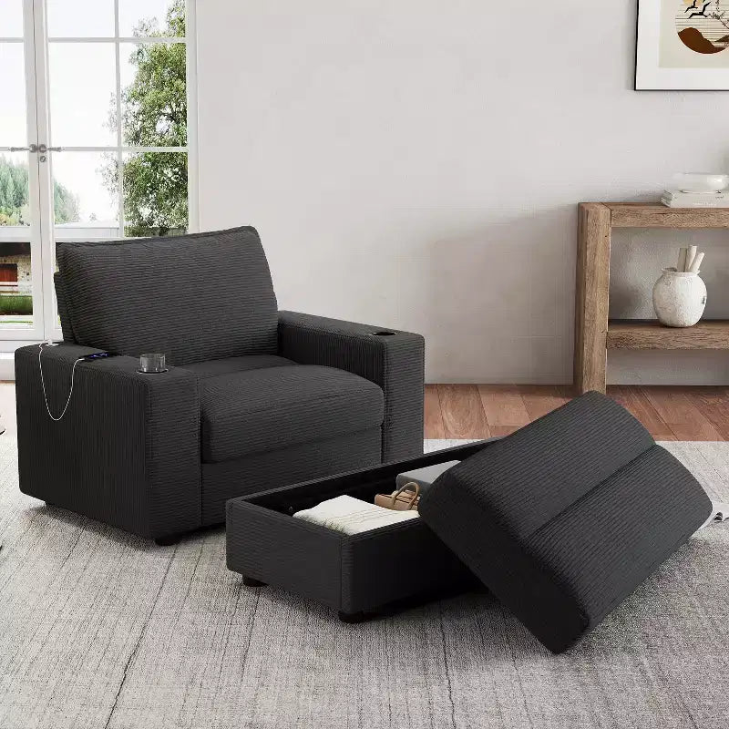 Oversized Accent Chair Upholstered Chaise Lounge with Storage Ottoman, Cup Holders & USB Port, Single Sleeper Sofa Bed Reading Couch - ModernLuxe