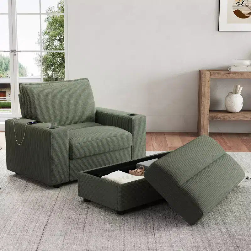 Oversized Accent Chair Upholstered Chaise Lounge with Storage Ottoman, Cup Holders & USB Port, Single Sleeper Sofa Bed Reading Couch - ModernLuxe