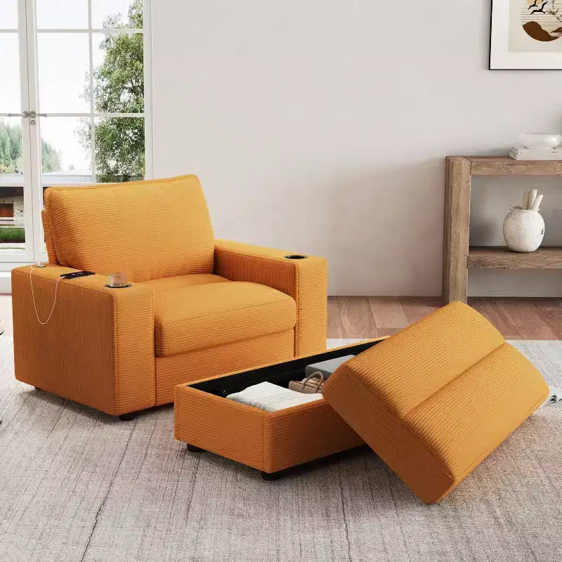 Oversized Accent Chair Upholstered Chaise Lounge with Storage Ottoman, Cup Holders & USB Port, Single Sleeper Sofa Bed Reading Couch - ModernLuxe
