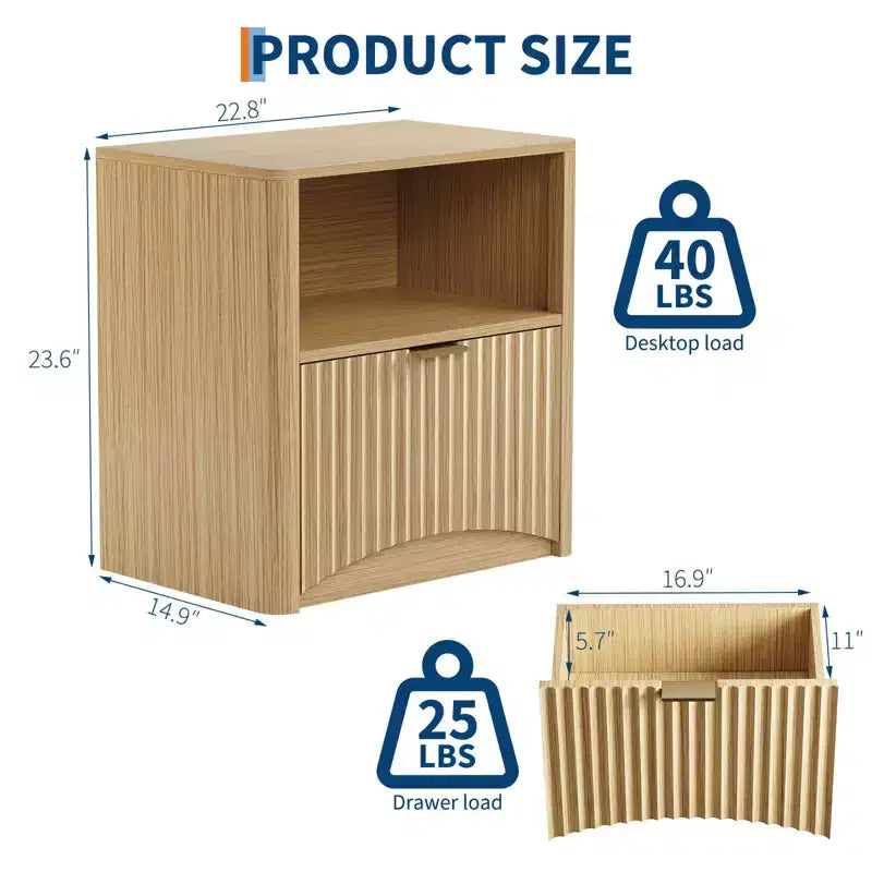 Nightstands, Fluted Nightstand with Drawer and Storage | Mid-Century Modern Wood End Table for Bedroom, Sofa, Office | Oak