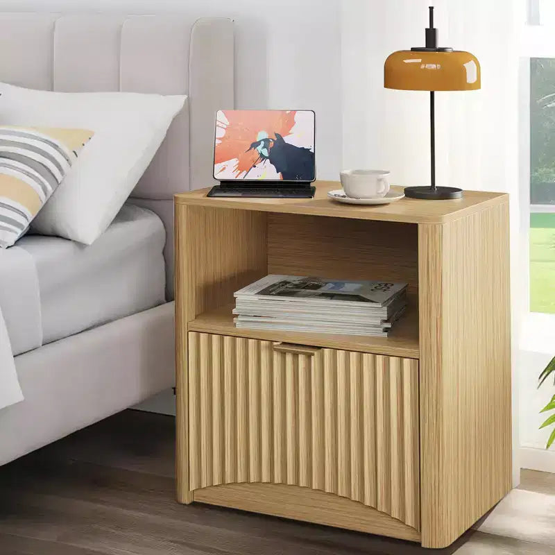 Nightstands, Fluted Nightstand with Drawer and Storage | Mid-Century Modern Wood End Table for Bedroom, Sofa, Office | Oak