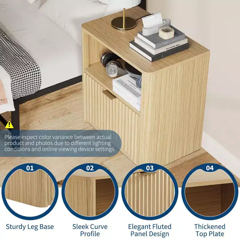 Nightstands, Fluted Nightstand with Drawer and Storage | Mid-Century Modern Wood End Table for Bedroom, Sofa, Office | Oak