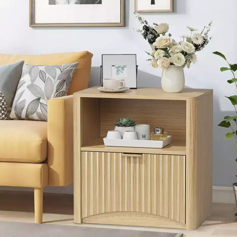 Nightstands, Fluted Nightstand with Drawer and Storage | Mid-Century Modern Wood End Table for Bedroom, Sofa, Office | Oak