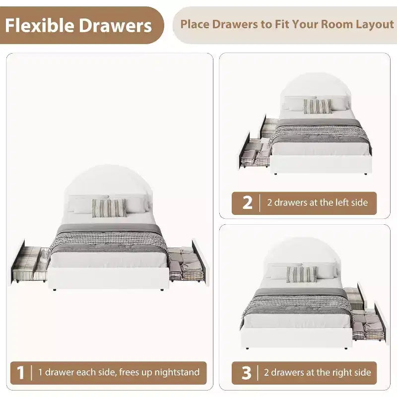 COZONY Twin/Full Upholstered Boucle Bed Frame with Storage Drawers, Round Headboard, Heavy Duty, No Box Spring Needed