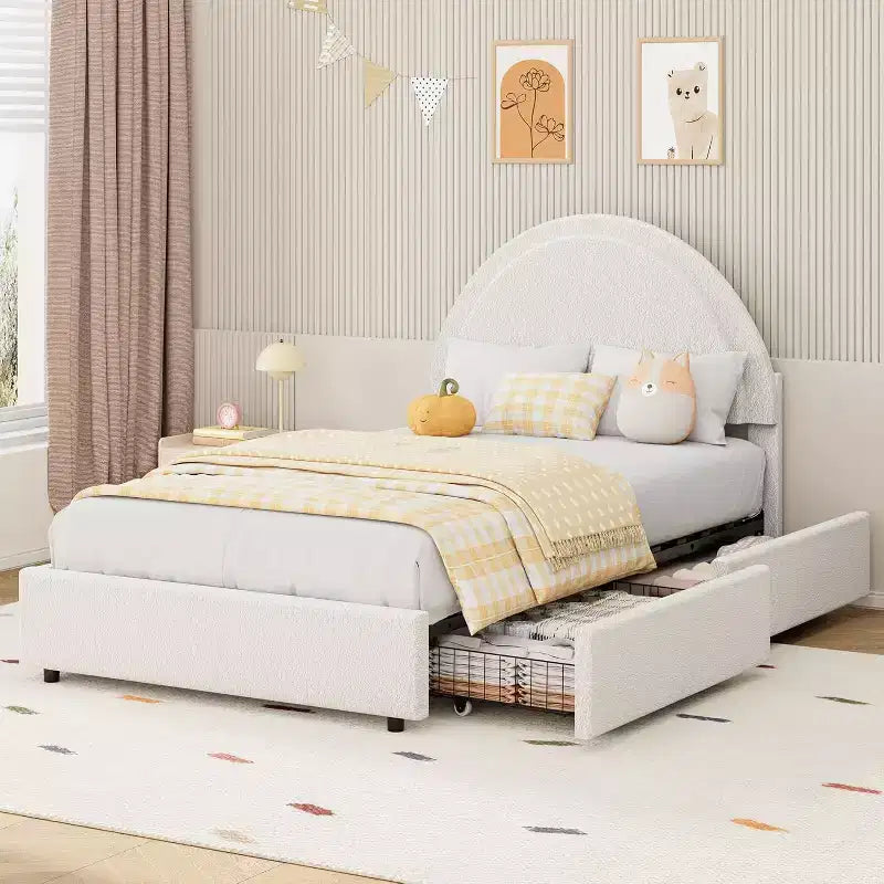 COZONY Twin/Full Upholstered Boucle Bed Frame with Storage Drawers, Round Headboard, Heavy Duty, No Box Spring Needed