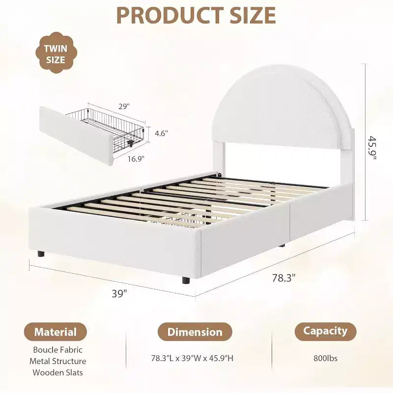 COZONY Twin/Full Upholstered Boucle Bed Frame with Storage Drawers, Round Headboard, Heavy Duty, No Box Spring Needed