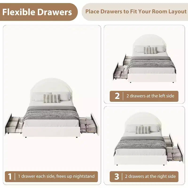 COZONY Twin/Full Upholstered Boucle Bed Frame with Storage Drawers, Round Headboard, Heavy Duty, No Box Spring Needed