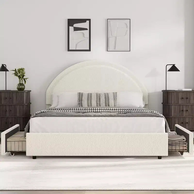 COZONY Twin/Full Upholstered Boucle Bed Frame with Storage Drawers, Round Headboard, Heavy Duty, No Box Spring Needed