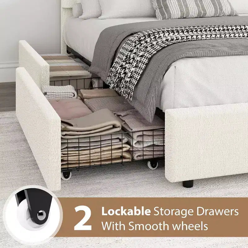 COZONY Twin/Full Upholstered Boucle Bed Frame with Storage Drawers, Round Headboard, Heavy Duty, No Box Spring Needed