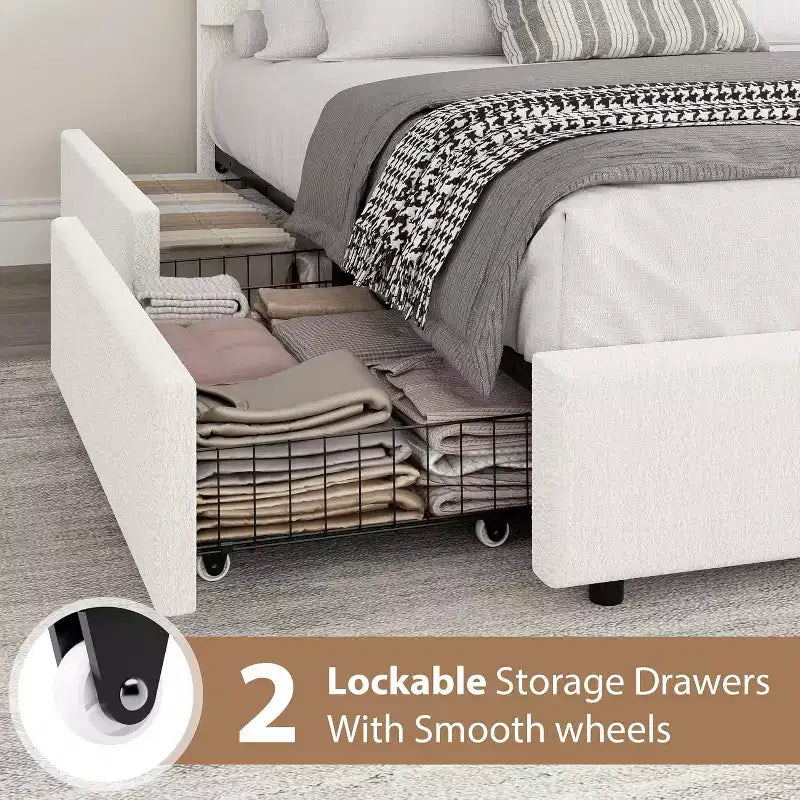 COZONY Twin/Full Upholstered Boucle Bed Frame with Storage Drawers, Round Headboard, Heavy Duty, No Box Spring Needed