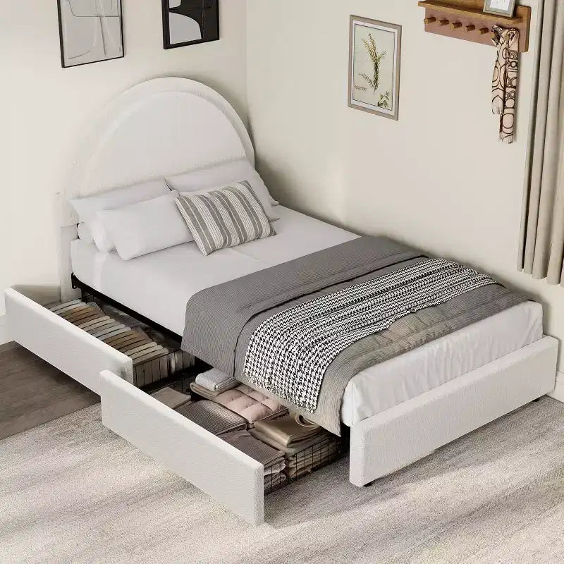 COZONY Twin/Full Upholstered Boucle Bed Frame with Storage Drawers, Round Headboard, Heavy Duty, No Box Spring Needed