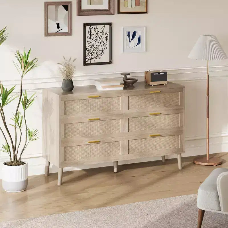 Acekool Rattan Dresser, Farmhouse Chest with Gold Handles, Organizer Storage for Bedroom, Living Room, Oak