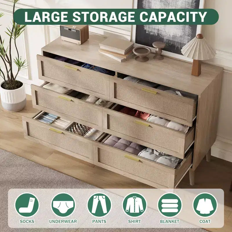 Acekool Rattan Dresser, Farmhouse Chest with Gold Handles, Organizer Storage for Bedroom, Living Room, Oak