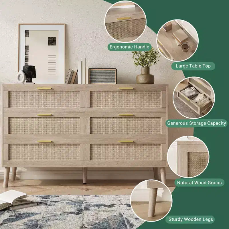 Acekool Rattan Dresser, Farmhouse Chest with Gold Handles, Organizer Storage for Bedroom, Living Room, Oak