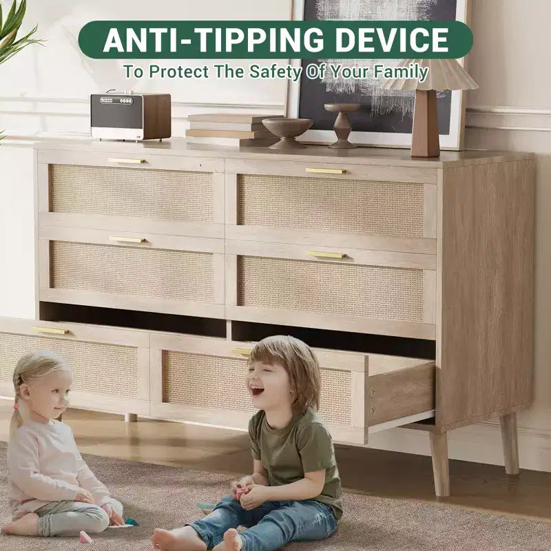 Acekool Rattan Dresser, Farmhouse Chest with Gold Handles, Organizer Storage for Bedroom, Living Room, Oak