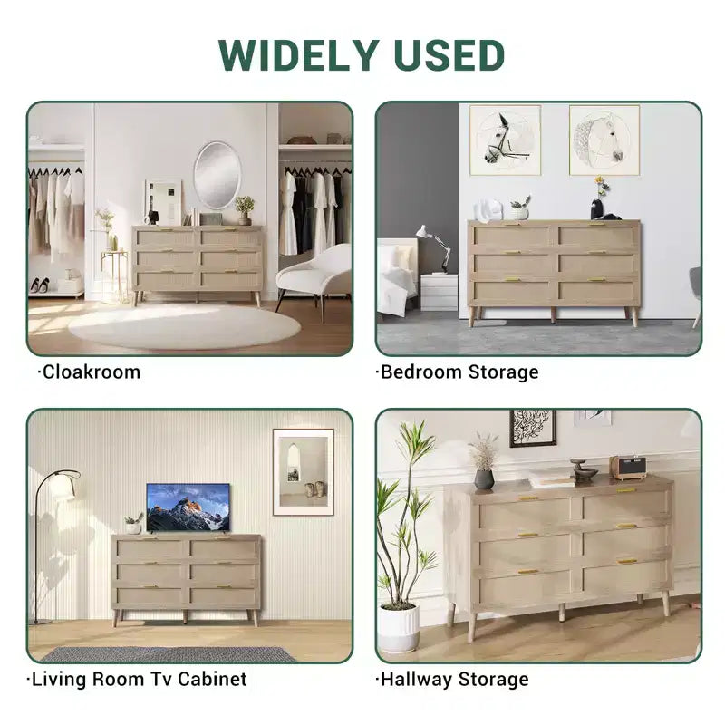 Acekool Rattan Dresser, Farmhouse Chest with Gold Handles, Organizer Storage for Bedroom, Living Room, Oak