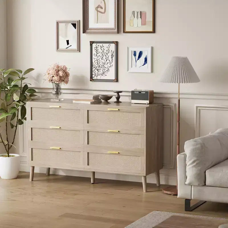 Acekool Rattan Dresser, Farmhouse Chest with Gold Handles, Organizer Storage for Bedroom, Living Room, Oak