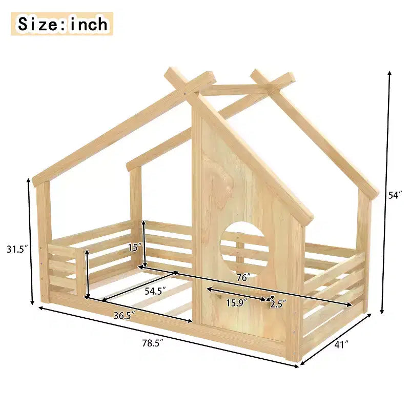 Okak Twin/Full House Floor Bed Frame with Window & Small Shelf,Solid Wood House-shaped Bed for Kids,No Spring Box Needed