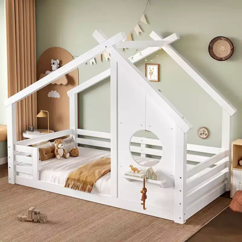 Okak Twin/Full House Floor Bed Frame with Window & Small Shelf,Solid Wood House-shaped Bed for Kids,No Spring Box Needed