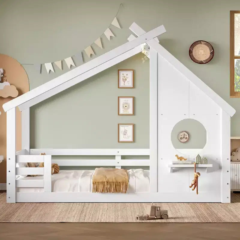 Okak Twin/Full House Floor Bed Frame with Window & Small Shelf,Solid Wood House-shaped Bed for Kids,No Spring Box Needed
