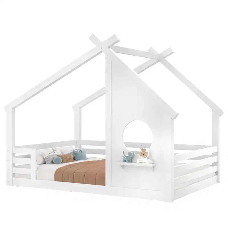 Okak Twin/Full House Floor Bed Frame with Window & Small Shelf,Solid Wood House-shaped Bed for Kids,No Spring Box Needed