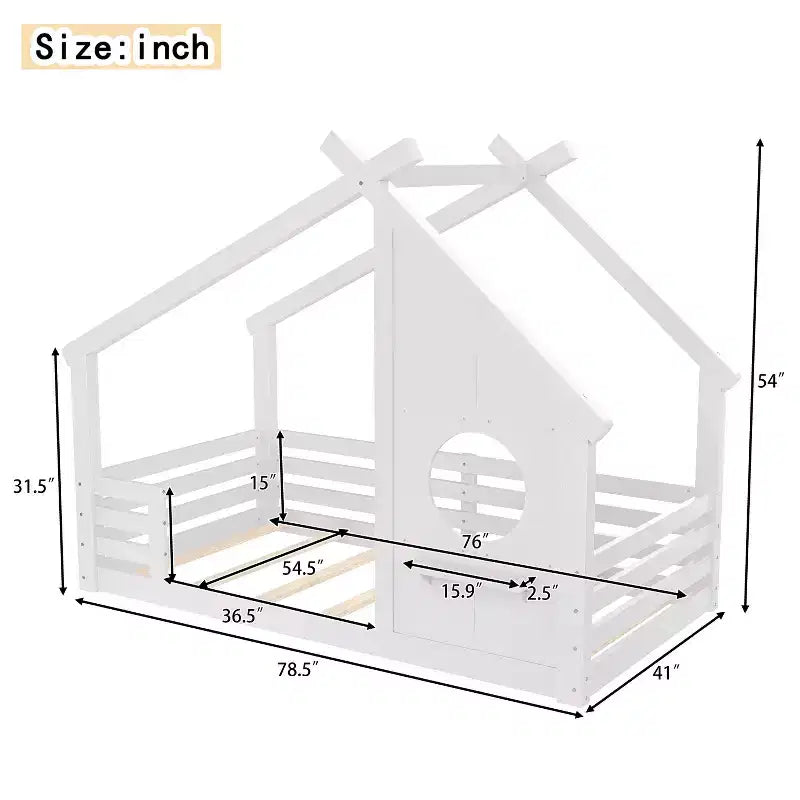 Okak Twin/Full House Floor Bed Frame with Window & Small Shelf,Solid Wood House-shaped Bed for Kids,No Spring Box Needed