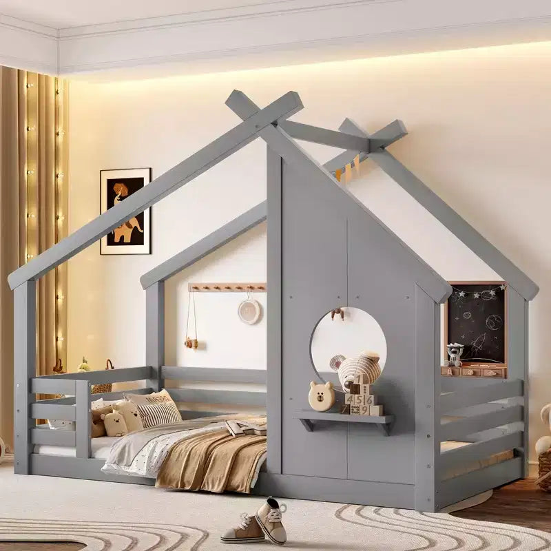 Okak Twin/Full House Floor Bed Frame with Window & Small Shelf,Solid Wood House-shaped Bed for Kids,No Spring Box Needed