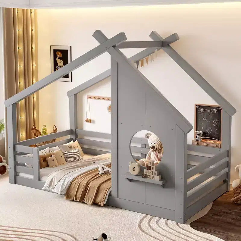 Okak Twin/Full House Floor Bed Frame with Window & Small Shelf,Solid Wood House-shaped Bed for Kids,No Spring Box Needed