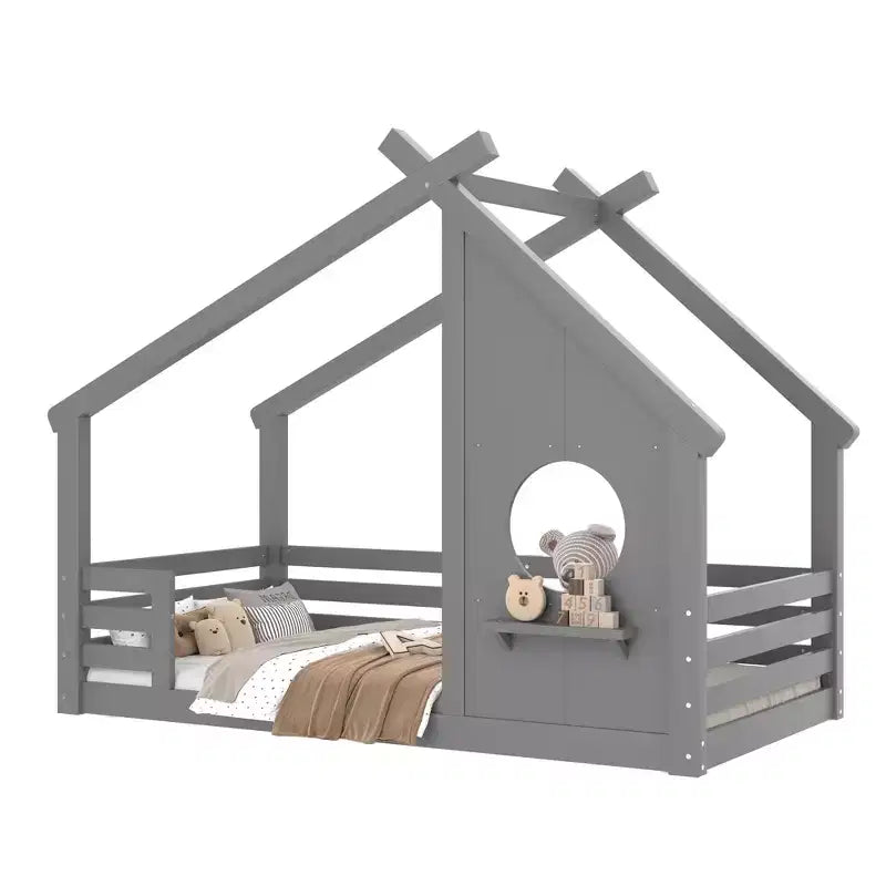 Okak Twin/Full House Floor Bed Frame with Window & Small Shelf,Solid Wood House-shaped Bed for Kids,No Spring Box Needed
