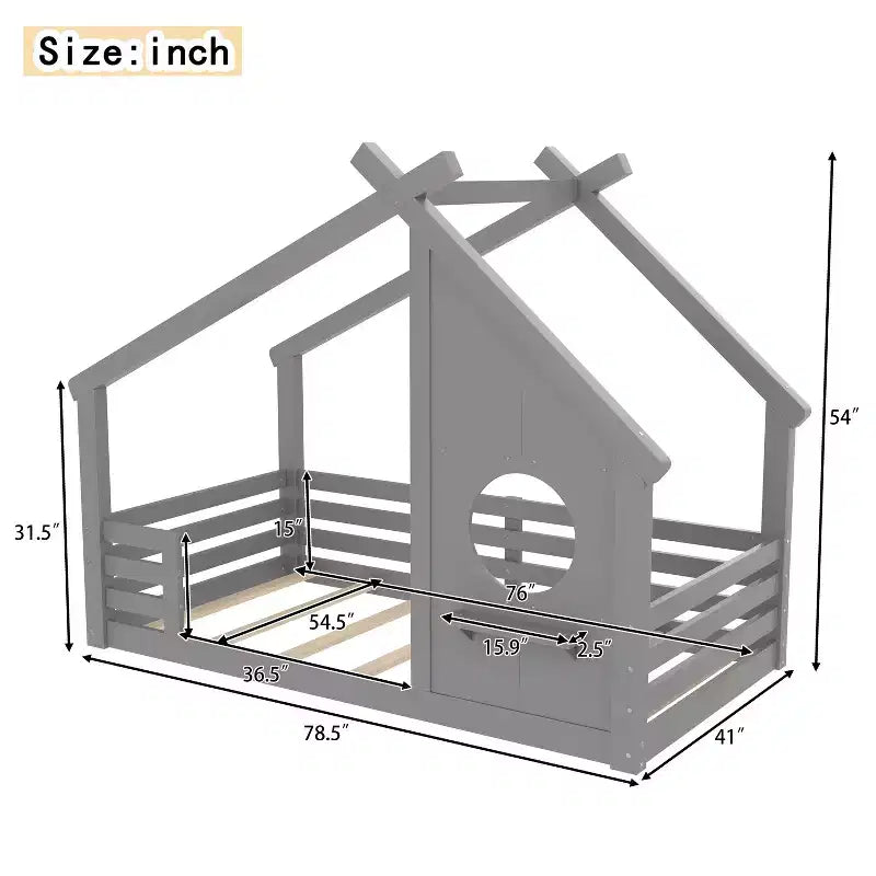 Okak Twin/Full House Floor Bed Frame with Window & Small Shelf,Solid Wood House-shaped Bed for Kids,No Spring Box Needed