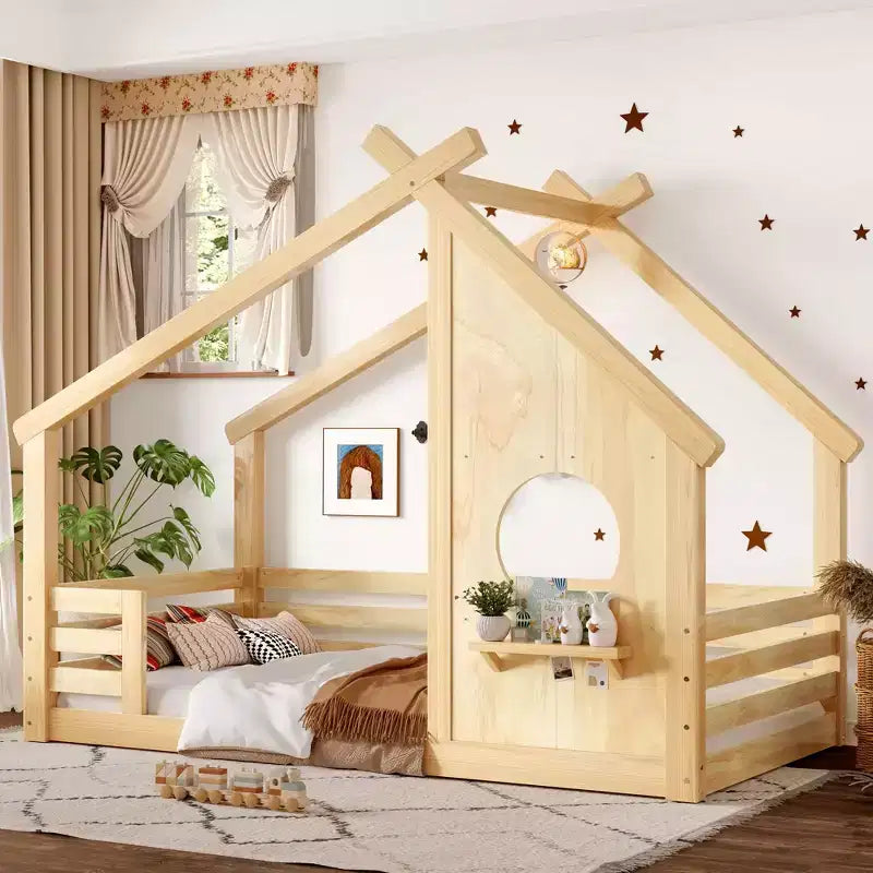 Okak Twin/Full House Floor Bed Frame with Window & Small Shelf,Solid Wood House-shaped Bed for Kids,No Spring Box Needed