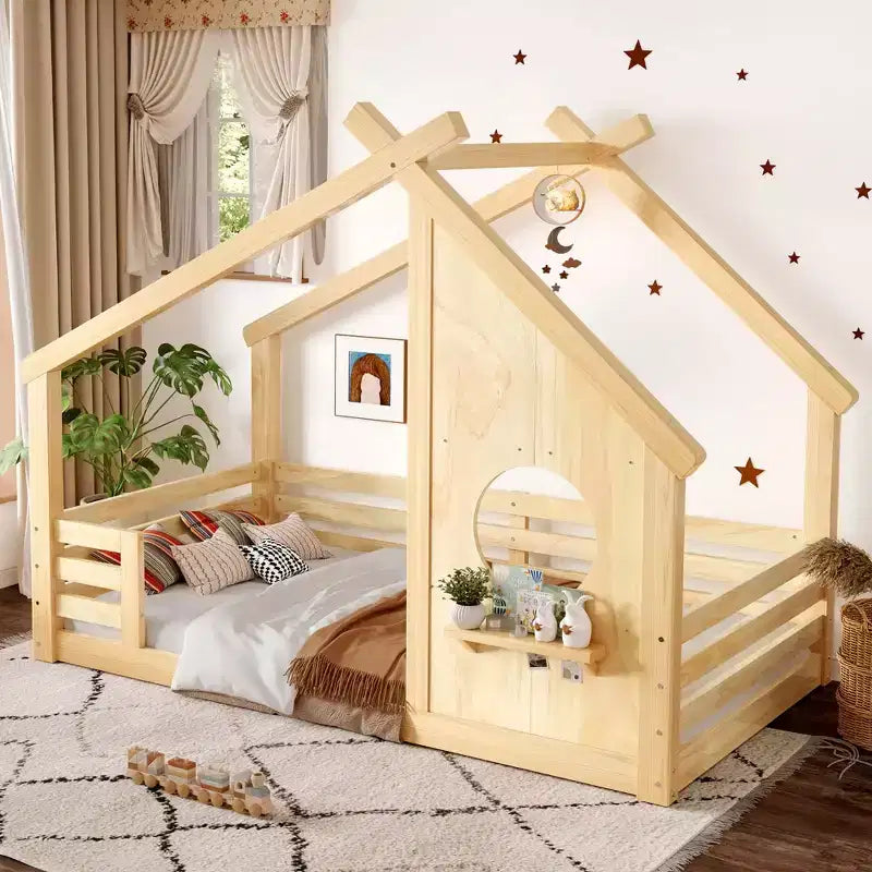 Okak Twin/Full House Floor Bed Frame with Window & Small Shelf,Solid Wood House-shaped Bed for Kids,No Spring Box Needed