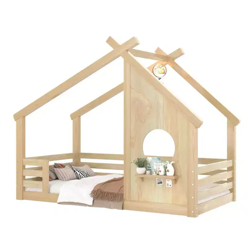 Okak Twin/Full House Floor Bed Frame with Window & Small Shelf,Solid Wood House-shaped Bed for Kids,No Spring Box Needed