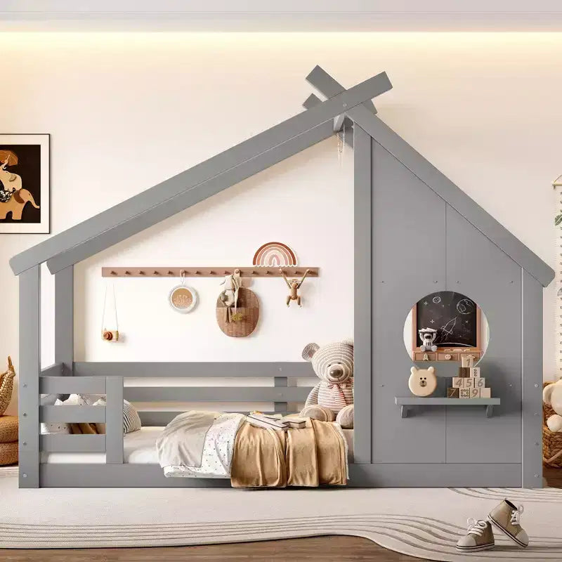 Okak Twin/Full House Floor Bed Frame with Window & Small Shelf,Solid Wood House-shaped Bed for Kids,No Spring Box Needed