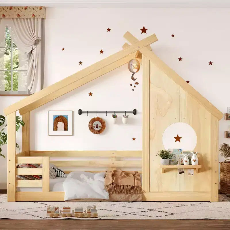 Okak Twin/Full House Floor Bed Frame with Window & Small Shelf,Solid Wood House-shaped Bed for Kids,No Spring Box Needed