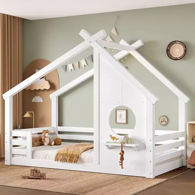 Okak Twin/Full House Floor Bed Frame with Window & Small Shelf,Solid Wood House-shaped Bed for Kids,No Spring Box Needed