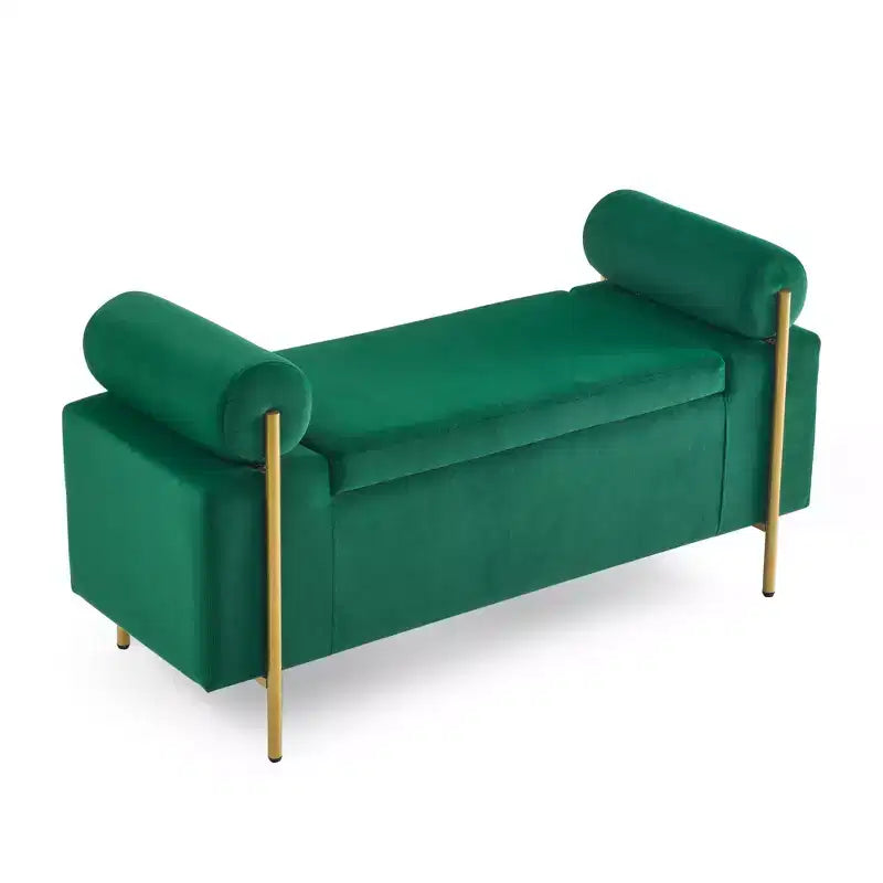 Homy Casa Upholstered Storage Bench with Cylindrical Arms, Modern Entryway or Bedroom Ottoman Bench with Hidden Storage, Emerald Green
