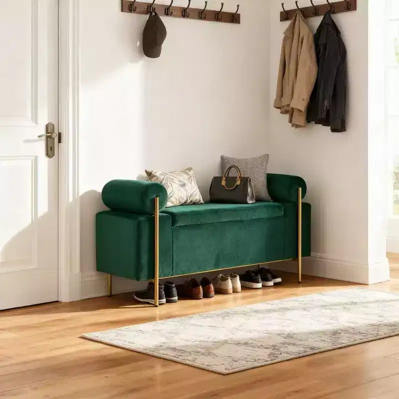 Homy Casa Upholstered Storage Bench with Cylindrical Arms, Modern Entryway or Bedroom Ottoman Bench with Hidden Storage, Emerald Green