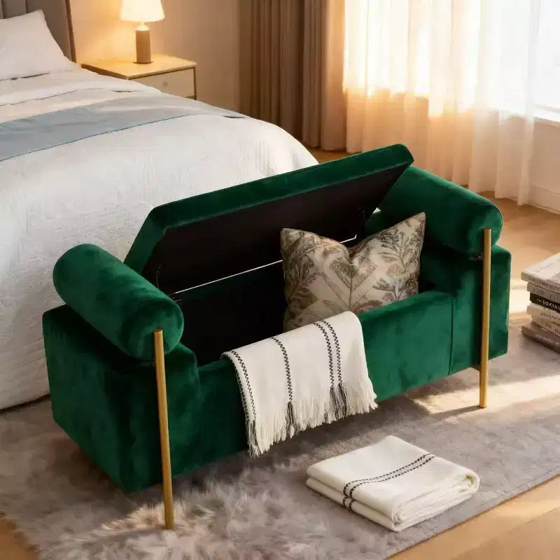 Homy Casa Upholstered Storage Bench with Cylindrical Arms, Modern Entryway or Bedroom Ottoman Bench with Hidden Storage, Emerald Green