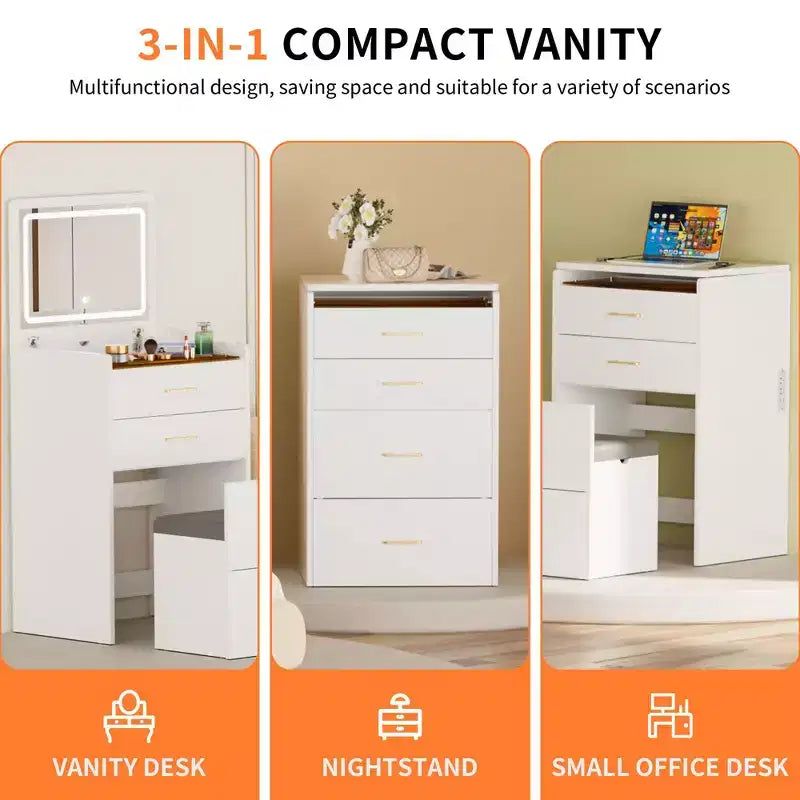 Okak 23.6IN Small Vanity Desk with Flip Top Mirror, Compact Vanity with Hidden Storage Makeup Stool, Makeup Vanity with Power Outlet, White