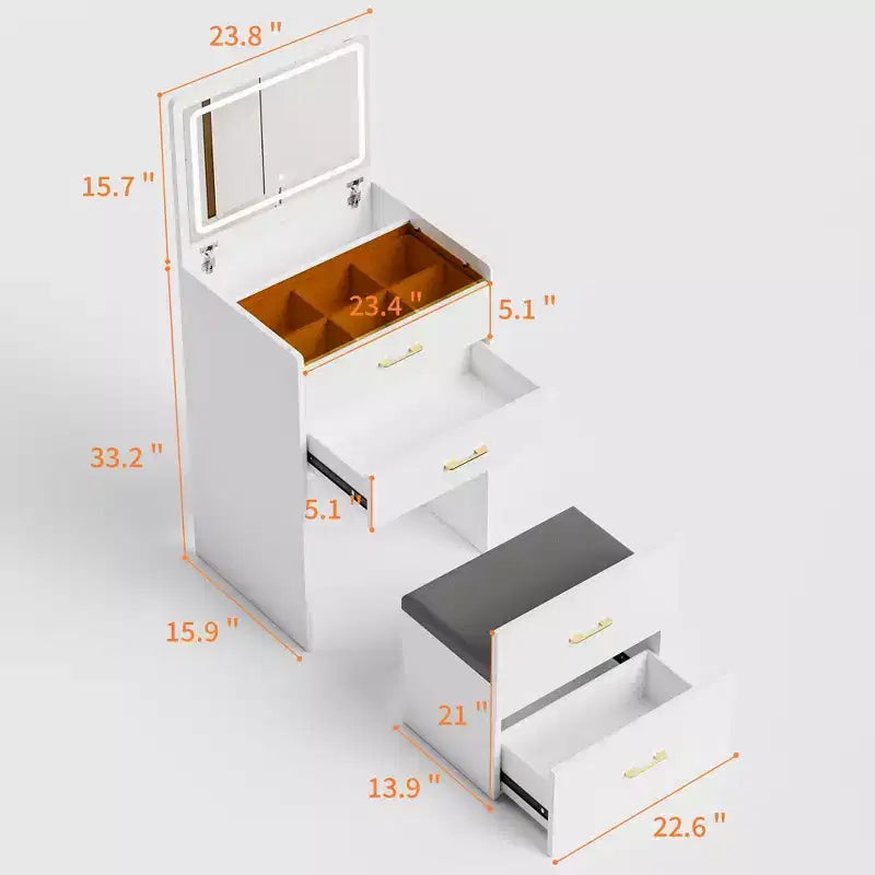 Okak 23.6IN Small Vanity Desk with Flip Top Mirror, Compact Vanity with Hidden Storage Makeup Stool, Makeup Vanity with Power Outlet, White