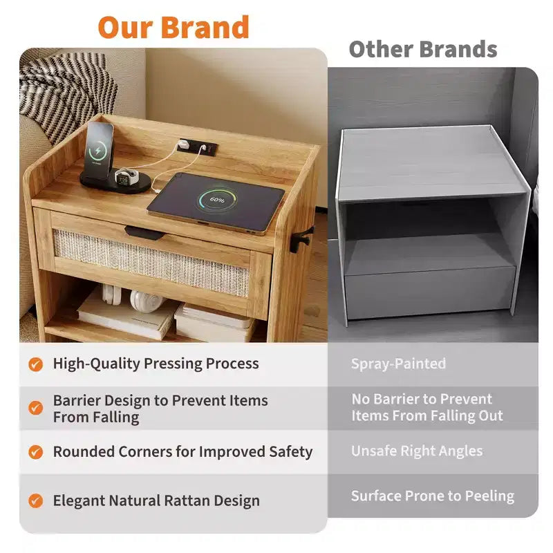 Rattan Nightstand, Bedside Table, 1 Storage Drawer & Open Storage Space, Boho End Table Side Table for Bedroom Living Room Office, Large Night Stand