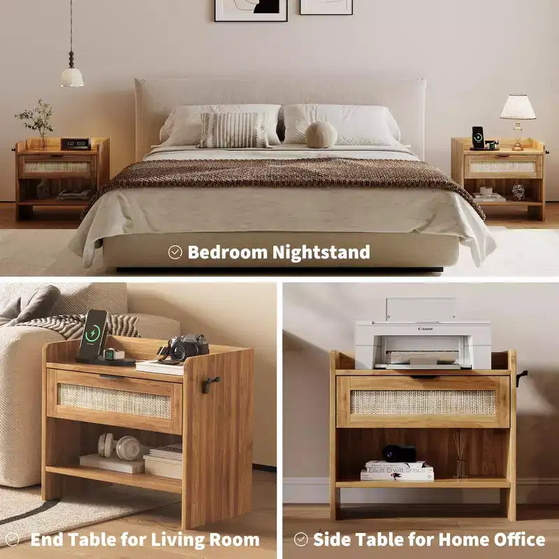 Rattan Nightstand, Bedside Table, 1 Storage Drawer & Open Storage Space, Boho End Table Side Table for Bedroom Living Room Office, Large Night Stand