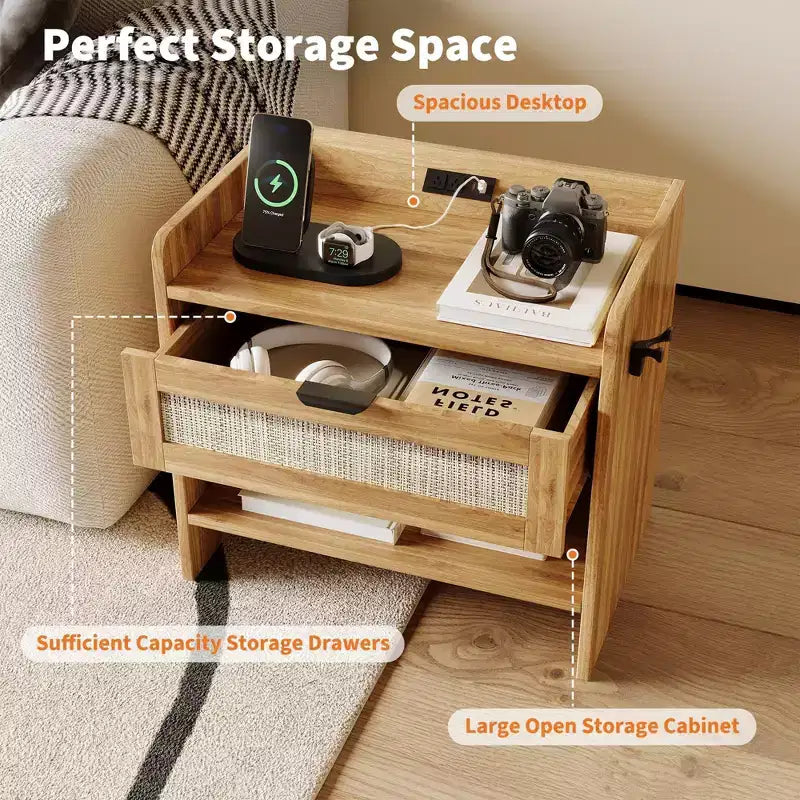Rattan Nightstand, Bedside Table, 1 Storage Drawer & Open Storage Space, Boho End Table Side Table for Bedroom Living Room Office, Large Night Stand